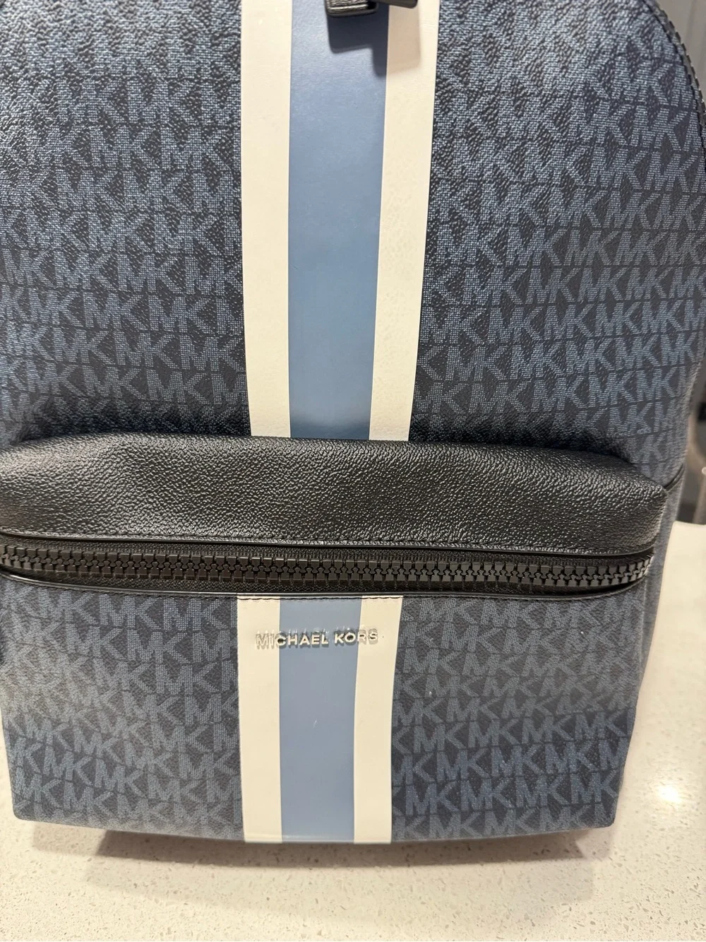 Michael Kors Men's Navy Blue Backpack with White and Light Blue Stripes